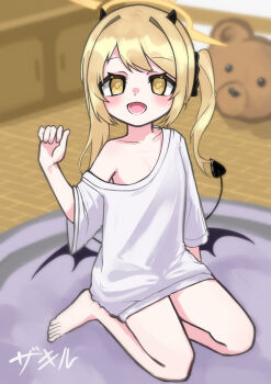 1girl absurdres bare_legs barefoot blonde_hair blue_archive blurry blurry_background carpet demon_girl demon_horns demon_tail demon_wings halo highres horns ibuki_(blue_archive) loli long_hair looking_at_viewer off_shoulder on_floor one_side_up open_mouth oversized_clothes oversized_shirt seiza shirt sitting solo stuffed_animal stuffed_toy tail teddy_bear white_shirt wings yellow_eyes yellow_halo zakir_(renc8235) 