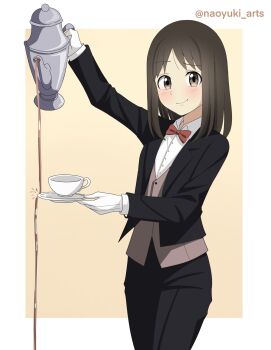  1girl artist_name azumanga_daiou black_jacket black_pants bow bowtie brown_eyes brown_hair butler commentary cup decantering english_commentary failure female_butler highres holding holding_teapot jacket kasuga_ayumu long_hair looking_at_viewer naoyuki_arts pants pouring red_bow red_bowtie saucer shirt smile solo teacup teapot vest white_shirt 