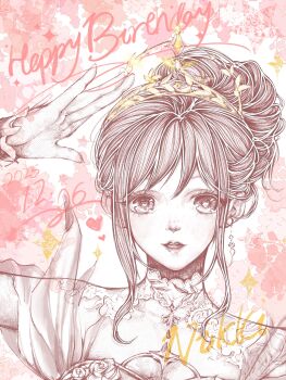  absurdres armor breastplate character_name chinese_commentary commentary_request detached_collar dress earrings english_text eyelashes floral_background frilled_arm_warmers gold_tiara greyscale_with_colored_background hair_bun hand_on_own_head happy_birthday heart heart-shaped_pupils high_collar highres infinity_nikki jewelry lace_collar lipstick looking_at_viewer makeup melody_bloom_(infinity_nikki) nikki_(nikki) nikki_(series) off-shoulder_dress off_shoulder open_mouth palms pink_background see-through_clothes see-through_sleeves short_hair_with_long_locks short_sleeves sidelocks single_hair_bun smile sparkle spot_color symbol-shaped_pupils teeth two-tone_background updo upper_teeth_only wavy_hair white_background yorede 