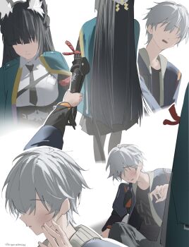  1boy 1girl animal_ear_fluff animal_ears aqua_jacket black_hair black_necktie black_shirt black_skirt blue_jacket closed_mouth cryne fox_ears fox_girl gauntlets grey_hair high-waist_skirt highres hitting hoshimi_miyabi jacket long_hair necktie no_eyes open_mouth shirt short_hair simple_background single_gauntlet skirt twitter_username white_background white_shirt wise_(zenless_zone_zero) zenless_zone_zero 