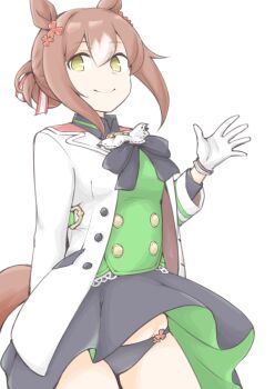  1girl akara_kai animal_ears black_panties black_skirt buttons fine_motion_(noble_seamair)_(umamusume) fine_motion_(umamusume) gloves highres horse_ears horse_girl horse_tail jacket open_clothes open_jacket panties skirt smile solo tail umamusume underwear white_background white_gloves yellow_eyes 