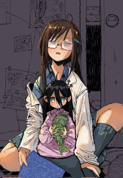 2girls :o :| bags_under_eyes black_hair blue_eyes blue_shirt blueprint_(object) brown_hair closed_mouth collared_shirt commentary english_commentary fish fish_hairpin glasses grey_background grey_skirt grey_socks highres kneehighs lab_coat long_hair monochrome_background multiple_girls mushroom_on_head open_mouth pleated_skirt raviolinugget shimeji_simulation shirt skirt sleeping socks tsukishima_shijima tsukishima_shijima's_sister 