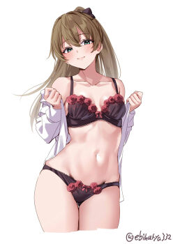 1girl black_bra black_panties blue_eyes bow bow_bra bow_panties bra breasts breasts_apart brown_hair closed_mouth collarbone commentary_request cowboy_shot cropped_legs ebifurya hair_between_eyes hair_bow highres kantai_collection kumano_(kancolle) long_hair navel one-hour_drawing_challenge open_clothes open_shirt panties ponytail shirt shirt_down small_breasts smile solo twitter_username underwear white_background white_shirt rating:Sensitive score:28 user:danbooru