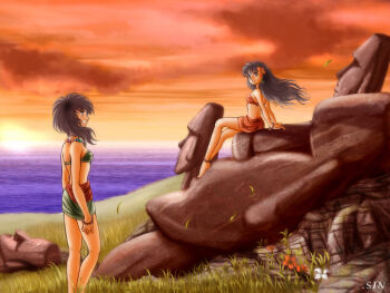  2girls artist_name bad_id bikini bikini_skirt black_eyes black_hair bracelet easter_island floating_hair flower grass green_bikini hair_flower hair_ornament hibiscus jewelry long_hair looking_at_another medium_hair miniskirt moai multiple_girls necklace ocean open_mouth orange_bikini orange_sky original outdoors pearl_necklace red_flower sin_(man-sai-den) sitting skirt sky smile standing sun sunset swimsuit white_flower 