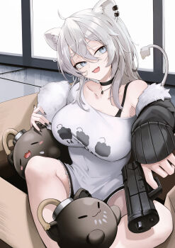  1girl :d absurdres ahoge animal_ear_piercing animal_ears anizi black_choker black_jacket black_shorts box bra_strap breasts choker commentary_request denim denim_shorts double-parted_bangs finger_on_trigger fur-trimmed_jacket fur_trim grey_eyes grey_hair gun hair_between_eyes handgun highres holding holding_gun holding_weapon hololive hood hooded_jacket in_box in_container indoors jacket jewelry large_breasts lion_ears lion_girl lion_tail long_hair messy_hair necklace official_alternate_costume official_alternate_hairstyle open_mouth shirt shishiro_botan shishiro_botan_(midnight_convenience_store) shorts sidelocks single_off_shoulder smile ssrb_(shishiro_botan) t-shirt tail torn_clothes torn_shorts virtual_youtuber weapon white_shirt 