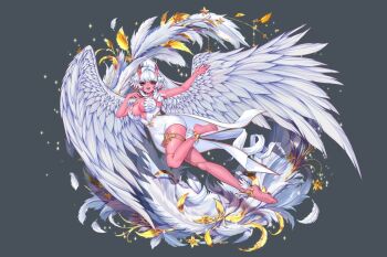  1girl akumi_(yoclesh) angel angel_wings blue_tongue breasts cleavage colored_skin colored_tongue commentary dress english_commentary feathers feet golden_feathers grey_background horns indie_virtual_youtuber large_breasts legs long_hair looking_at_viewer no_scar oni open_mouth pointy_ears ponytail red_horns red_oni red_skin reina_akahoshi short_dress solo thighs virtual_youtuber white_dress white_feathers white_hair wings yellow_eyes 