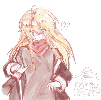  !? 2boys :o absurdres blonde_hair blue_eyes blush braid brown_jacket brown_shirt epic_battle_fantasy flustered highres jacket lance_(epic_battle_fantasy) long_hair male_focus matt_(epic_battle_fantasy) multiple_boys neckerchief nervous_sweating red_neckerchief shirt simple_background sketch_inset sweat twin_braids undo_1303 upper_body white_background 