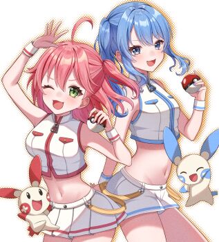  2girls 2others ahoge aqua_nails aqua_trim arm_up blue_eyes blue_hair blush breasts closed_eyes commentary_request crop_top gen_3_pokemon green_eyes highres holding holding_poke_ball hololive hoshimachi_suisei looking_at_viewer medium_breasts miniskirt minun multiple_girls multiple_others nametakeko navel nintendo one_eye_closed open_mouth pink_hair pink_trim pleated_skirt plusle poke_ball pokemon pokemon_(creature) sakura_miko shirt short_shorts shorts side_ponytail skirt sleeveless sleeveless_shirt smile star_(symbol) star_in_eye stomach symbol_in_eye white_shorts white_skirt white_wrist_cuffs wrist_cuffs 