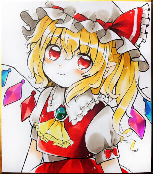  1girl ascot bad_id bad_pixiv_id blonde_hair blush brooch closed_mouth collared_shirt commentary_request crystal crystal_wings flandre_scarlet frilled_shirt_collar frills hat jewelry looking_at_viewer maa_(forsythia1729) mob_cap multicolored_wings one_side_up pointy_ears puffy_short_sleeves puffy_sleeves red_eyes red_skirt red_vest shikishi shirt short_sleeves skirt skirt_set smile solo touhou traditional_media vest white_hat white_shirt wings yellow_ascot 