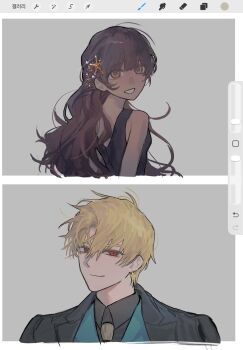  1boy 1girl art_program_in_frame blonde_hair brown_eyes brown_hair dark-skinned_female dark_skin dididang0250 earrings fate/strange_fake fate_(series) gilgamesh_(fate) grey_background hair_ornament highres jacket jewelry long_hair necktie open_mouth red_eyes shirt short_hair smile tine_chelc 