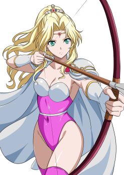 1girl absurdres aiming armor arrow_(projectile) blonde_hair blue_eyes bow_(weapon) breasts cape circlet commentary_request commission covered_navel final_fantasy final_fantasy_iv gauntlets highleg highleg_leotard highres leotard long_hair pink_leotard pink_thighhighs pixiv_commission ponytail rosa_farrell shoulder_armor simple_background solo square_enix strapless strapless_leotard thighhighs weapon white_background white_cape yuuyuu_(3jjbn)  rating:Sensitive score:16 user:danbooru