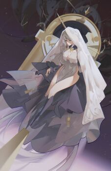  1girl absurdres breast_curtain breast_curtains bridal_veil closed_eyes closed_mouth commentary detached_sleeves dress frilled_sleeves frills grey_dress grey_hair grey_sleeves highres long_veil mechanical_legs medium_hair morimens pelvic_curtain raum_en side_slit solo tawil_(morimens) thighs veil 