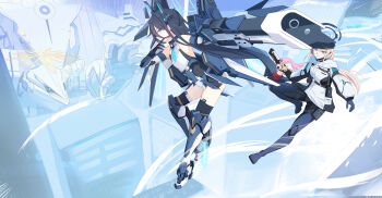  2girls absurdres aqua_halo aris_(armed)_(blue_archive) aris_(blue_archive) bare_shoulders black_hair blue_archive blue_eyes blue_necktie breasts character_request closed_mouth commentary_request double-parted_bangs full_body gun hair_between_eyes halo headgear highres holding holding_gun holding_weapon leotard long_hair long_hair_between_eyes mecha_musume mechanical_arms mechanical_legs mechanical_wings midriff multiple_girls necktie official_alternate_costume official_alternate_hairstyle railgun rectangular_halo ringed_eyes short_necktie showgirl_skirt small_breasts smile solo thighhighs twintails v-shaped_eyebrows very_long_hair weapon white_leotard wings wuxifeng 