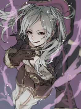  1girl 91007 :q aura belt black_robe breasts brown_belt cleavage commentary dark_aura dark_persona female_robin_(fire_emblem) female_robin_(grima)_(fire_emblem) fire_emblem fire_emblem_awakening hand_up hooded_robe long_hair long_sleeves medium_breasts nintendo open_clothes open_robe pants red_eyes robe shirt smile solo standing tongue tongue_out twintails white_hair white_pants white_shirt 