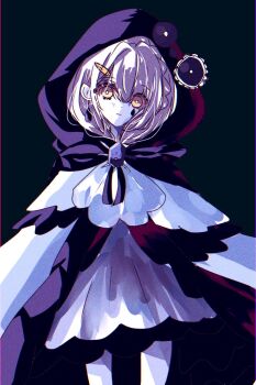  1girl black_background black_cloak brooch cloak closed_mouth commentary_request dress earrings expressionless facial_mark gokuchou highres hood hood_up jewelry looking_at_viewer mahou_shoujo_no_majo_saiban personification short_hair solo standing tori_obake white_dress white_hair yellow_eyes 