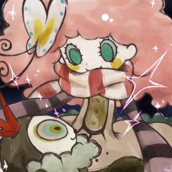  10s 1boy 1girl black_background butterfly_hair_ornament crown dress gekidan_inu_curry_(style) green_eyes hair_ornament hetero long_sleeves looking_at_another pink_hair sakamoto_maaya sat-c scarf simple_background sleeves_past_wrists smile sparkle universe_(pv) universe_(sakamoto_maaya)  rating:Questionable score:18 user:jedi1357