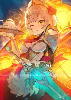  1girl ;o apron armor backlighting black_dress braid breastplate breasts claymore_(sword) cleavage combat_maid dress gauntlets genshin_impact glowing glowing_weapon greatsword headdress highres holding holding_sword holding_weapon janyhero lantern looking_at_viewer maid maid_apron medium_breasts noelle_(genshin_impact) one_eye_closed paper_lantern parted_lips reverse_grip short_hair shoulder_armor silver_hair solo pauldrons sword teapot tray weapon yellow_eyes 