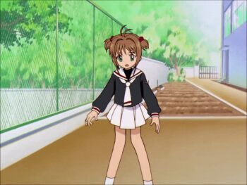  animated animated_gif brown_hair cardcaptor_sakura green_eyes kinomoto_sakura miniskirt school_uniform screencap skirt tagme tomoeda_middle_school_uniform  rating:Sensitive score:9 user:Master741