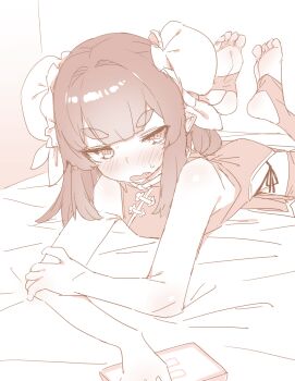  1girl @_@ akari_(raigou) blush bun_cover china_dress chinese_clothes commentary_request double_bun dress ear_blush elf fang hair_bun highres indoors original panties pointy_ears raigou sepia side-tie_panties sidelocks stirrup_legwear thick_eyebrows toeless_legwear underwear 