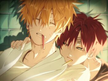  2boys bite_mark bite_mark_on_neck blonde_hair closed_eyes facial_mark facing_viewer forehead_protector gaara_(naruto) hair_between_eyes hand_on_another's_shoulder hickey highres itkgxhk jewelry kanji_tattoo male_focus morning_after multiple_boys naruto_(series) necklace no_eyebrows red_hair shirt short_hair sleepy teeth toothbrush toothbrush_in_mouth towel towel_around_neck upper_body uzumaki_naruto whisker_markings white_shirt yaoi 