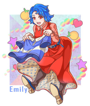  1girl :d belt black_pantyhose blue_belt blue_hair blue_shoes character_name commentary_request dress emily_(stardew_valley) food fruit heart highres holding holding_shirt holding_unworn_clothes long_dress long_sleeves mango open_mouth pantyhose polo_shirt red_dress red_eyes red_shirt ribbon-trimmed_dress ribbon_trim shirt shoes short_hair smile solo star_(symbol) stardew_valley tanagawa_makoto unworn_shirt 