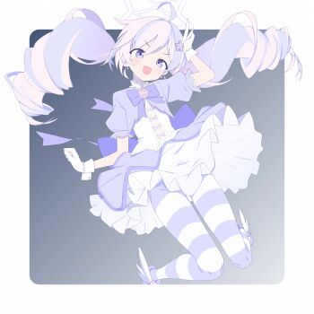  1girl :d absurdres ahoge back_bow blue_archive blush border bow bowtie chinese_commentary commentary_request cropped_jacket drill_hair earrings eyes_visible_through_hair gloves gradient_background grey_background hair_ornament halo hand_on_own_head head_tilt highres jacket jewelry jumping layered_skirt long_hair looking_at_viewer magical_girl making-of_available multicolored_hair official_alternate_costume official_alternate_hairstyle open_mouth outside_border pantyhose pink_bow pink_hair puffy_short_sleeves puffy_sleeves purple_bow purple_bowtie purple_eyes purple_hair purple_halo purple_jacket purple_pantyhose purple_shoes reisa_(blue_archive) reisa_(magical)_(blue_archive) shirt shoes short_sleeves skirt smile solo star_(symbol) star_earrings star_hair_ornament striped_clothes striped_pantyhose torimew twin_drills twintails two-tone_hair v-shaped_eyebrows white_border white_gloves white_shirt white_skirt white_wrist_cuffs wind wind_lift wing_hair_ornament winged_shoes wings wrist_cuffs 