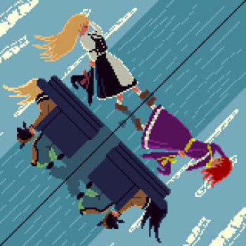  apron black_hair black_hat blonde_hair bow capelet commentary dress dual_persona english_commentary green_skirt hat hat_bow highres kirisame_marisa kirisame_marisa_(pc-98) long_hair long_sleeves matara_okina multiple_girls netso okina's_natural_hair_color pixel_art purple_capelet purple_dress purple_hat red_hair reflection short_hair sitting_on_throne skirt story_of_eastern_wonderland touhou touhou_(pc-98) waist_apron wide_sleeves witch_hat wizard_hat 