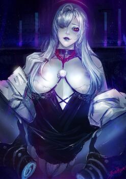  1girl 1other commentary disembodied_hand eleven_(path_to_nowhere) english_commentary eyeshadow hair_over_one_eye highres looking_at_viewer makeup mole mole_under_eye nipples pantyhose path_to_nowhere renepolumorfous sitting solo_focus spread_legs torn_clothes torn_pantyhose white_hair 