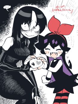  2girls bags_under_eyes black_dress black_hair breasts closed_eyes commentary detached_sleeves dress fangs happy_valentine heart heart_hands heart_hands_duo highres large_breasts long_dress long_hair looking_at_viewer multicolored_hair multiple_girls noss_&amp;_zakuro noss_(rariatto) open_mouth pantyhose rariatto_(ganguri) ribbed_dress sleeveless sleeveless_dress streaked_hair striped_clothes striped_pantyhose translated untranslatable_commentary wavy_mouth white_hair zakuro_(rariatto) 