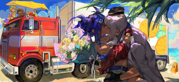  4girls black_hair black_hat blonde_hair blue_hair bouquet box_truck bumblebee_(kotobukiya_bishoujo)_(transformers) bumblebee_(transformers) commentary cup disposable_cup double_bun drinking_glass english_commentary flower genderswap genderswap_(mtf) genderswap_on_genderswap goggles goggles_on_head hair_bun hair_intakes hat highres holding holding_bouquet holding_cup humanization jacket kiss kotobukiya_bishoujo lying megatron megatron_(kotobukiya_bishoujo) motor_vehicle multiple_girls namikaze_(dobbyka) navel on_stomach on_truck optimus_prime optimus_prime_(kotobukiya_bishoujo) palm_tree red_jacket red_shirt red_skirt semi_truck shirt sitting skirt starscream starscream_(kotobukiya_bishoujo) towing trailer transformers tree truck white_hair white_jacket yuri 