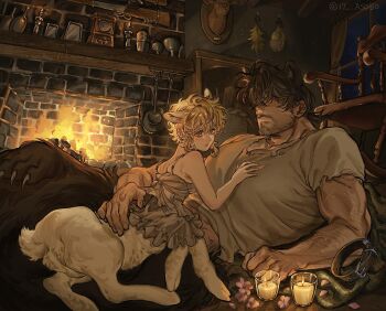  1boy 1girl 4_virgin animal_ears arm_hair bear_boy bear_ears beard blonde_hair brown_dress brown_hair candle centauroid chest_hair claws commentary commission dress facial_hair fireplace full_body grey_eyes hand_on_another's_back hand_on_another's_chest highres hooves indoors monster_boy monster_girl muscular muscular_male original scar scar_on_arm scar_on_face sheep_ears sheep_girl short_hair sparse_arm_hair sparse_chest_hair taur 