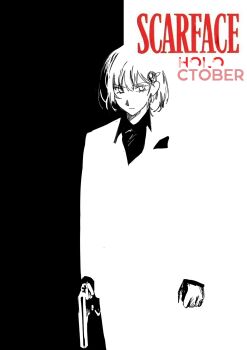  1girl choripan gun highres holding holding_gun holding_weapon hololive hololive_english jacket long_sleeves parody scarface shirt short_hair solo virtual_youtuber watson_amelia weapon white_shirt 