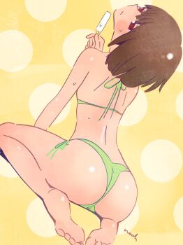  1girl ass bikini blush bob_cut brown_hair chara_(undertale) feet food green_bikini green_panties highres holding holding_food holding_ice_cream ice_cream looking_back noah_(tettsui-sole) panties red_eyes shiny_skin sitting striped_clothes swimsuit undertale underwear utdr_(toby_fox) wariza yellow_background 