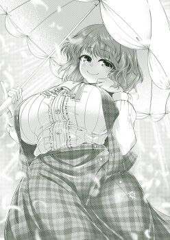  0-den 1girl absurdres ascot breasts commentary_request green_theme highres holding holding_umbrella huge_breasts kazami_yuuka long_sleeves medium_hair monochrome parasol plaid_clothes plaid_skirt plaid_vest skirt solo touhou umbrella vest 