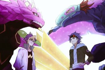  2boys armalizamon black_jacket black_shirt blonde_hair blue_hair digimon digimon_(creature) digimon_beatbreak dinosaur energy_blade glasses group_picture hashtag-only_commentary hood hoodie jacket lizard male_focus multicolored_hair multiple_boys rhamphomon risyo sharp_teeth shirt simple_background souda_raito teeth tenma_tomoro two-tone_hair white_background white_hoodie white_jacket 