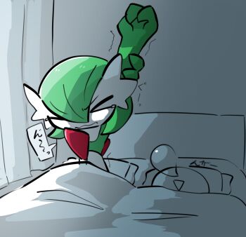 >_< 1girl 1other arms_up bed bob_cut closed_eyes closed_mouth colored_skin curtains flat_chest gardevoir gen_3_pokemon green_hair green_skin hair_between_eyes holding_own_arm indoors japanese_text lettuce_no_hito multicolored_skin nintendo nose_bubble open_mouth outstretched_arm partially_colored pillow pokemon pokemon_(creature) short_hair sketch sleeping speech_bubble stretching tears translation_request trembling two-tone_skin under_covers wavy_mouth white_skin