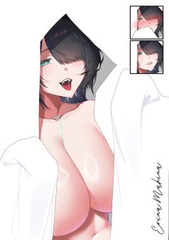 1girl animal_ears black_hair blue_eyes breasts chaunceley erina_makina large_breasts navel phase_connect saliva saliva_trail stomach tagme tiger_ears