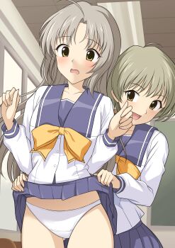 2girls absurdres ahoge assisted_exposure blush bow brown_hair bullying ceiling ceiling_light classroom clothes_lift collarbone commentary_request cowboy_shot crotch_seam curtained_hair fluorescent_lamp grey_hair hands_up highres humiliation indoors lifting_another's_clothes long_hair long_sleeves looking_ahead looking_at_another memories_off multiple_girls open_mouth panties perapera pleated_skirt purple_sailor_collar purple_skirt sailor_collar school_uniform shirt short_hair skirt skirt_lift smile standing tile_ceiling tiles underwear wavy_mouth white_panties white_shirt yellow_bow yellow_eyes rating:Sensitive score:45 user:danbooru