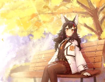  1girl animal_ear_fluff animal_ears autumn_leaves bench black_hair black_pantyhose black_sweater closed_mouth collared_shirt falling_leaves hair_ornament hashtag-only_commentary highres hololive jacket kazuna_(minekazuna) leaf light_blush long_hair long_sleeves looking_ahead multicolored_hair necktie ookami_mio ookami_mio_(10th_costume) open_clothes open_jacket orange_necktie outdoors pantyhose plaid_clothes plaid_skirt red_skirt red_streaks ribbed_sweater shirt sitting skirt sleeves_past_wrists solo streaked_hair sunlight sweater tree turning_head white_jacket white_shirt wolf_ears wolf_girl yellow_eyes 