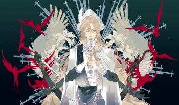  1boy absurdres ahoge alkaid_mcgrath alkaid_mcgrath_(god_forsaken_land) ancient_greek_clothes angel_wings bird black_background black_sash black_shirt blonde_hair bridal_gauntlets cape chinese_commentary commentary_request cross curtained_hair dagger earrings extra_arms feathered_wings gradient_background greco-roman_clothes greek_cross green_background hair_between_eyes hat hat_feather highres himation holding holding_cross holding_dagger holding_knife holding_weapon jewelry knife latin_cross light_particles long_hair long_sleeves looking_at_viewer lovebrush_chronicles male_focus mitre open_hands parted_lips qiong_xiang_prayer red_bird robe sash shirt single_earring snake snake_wrapped_around_arm solo straight-on upper_body very_long_hair waist_sash weapon white_bridal_gauntlets white_cape white_hat white_robe white_wings wings 