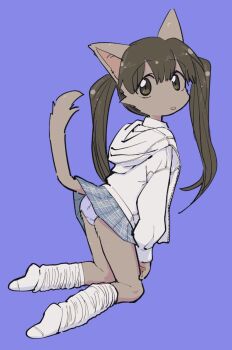  1girl 3yo4yo5yo animal_ears black_eyes black_hair blue_skirt body_fur cat_ears cat_girl cat_tail female_focus furry furry_female grey_fur highres hood hood_down hooded_jacket jacket kneeling looking_at_viewer loose_socks no_nose open_clothes open_jacket original panties purple_background purple_panties simple_background skirt socks solo tail tail_lift tongue tongue_out twintails underwear white_jacket 