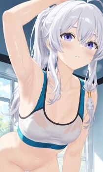  1girl absurdres ahoge arm_at_side arm_up armpits blue_sky blush breasts ceiling cloud collarbone commentary cowboy_shot crossed_bangs day double-parted_bangs elaina_(majo_no_tabitabi) english_commentary gym hair_between_eyes hair_ornament hair_rings hair_scrunchie highres indoors leaning_forward lewd_chan long_bangs long_hair long_sidelocks looking_at_viewer majo_no_tabitabi medium_breasts navel parted_lips ponytail purple_eyes scrunchie sidelocks single_hair_ring sky solo sports_bra standing steam steaming_body stomach sunlight sweat sweaty_clothes third-party_edit tile_ceiling tiles tree variant_set white_hair white_scrunchie white_sports_bra window window_shadow  rating:Explicit score:51 user:SenpaiHentaiOldPervert