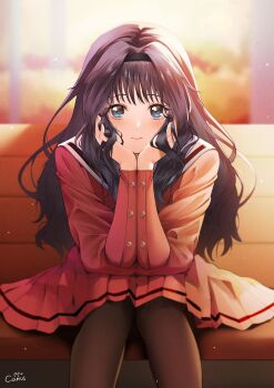  1girl absurdres artist_name black_hair black_hairband blue_eyes brown_pantyhose camus_(luthfancamus) closed_mouth commentary feet_out_of_frame hairband hands_on_own_cheeks hands_on_own_face highres kaoru_hana_wa_rin_to_saku kikyo_private_academy_school_uniform leaning_forward long_hair long_sleeves looking_at_viewer on_bed pantyhose pink_serafuku pink_shirt pink_skirt pleated_skirt sailor_collar school_uniform serafuku shirt sitting skirt solo waguri_kaoruko white_sailor_collar 