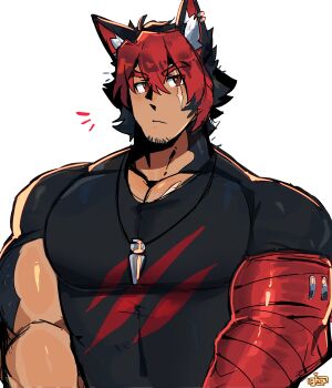  1boy absurdres animal_ears artist_logo bara black_hair black_shirt cropped_torso facial_hair goatee goatee_stubble graysheartart highres jewelry komano_manato large_pectorals logo looking_at_viewer looking_to_the_side male_focus manly mature_male multicolored_hair muscular muscular_male necklace notice_lines pectoral_cleavage pectorals prosthesis prosthetic_arm red_eyes red_hair scar scar_across_eye scar_on_face shirt short_hair solo stubble t-shirt thick_arms thick_eyebrows tight_clothes tight_shirt upper_body wolf_boy wolf_ears zenless_zone_zero 