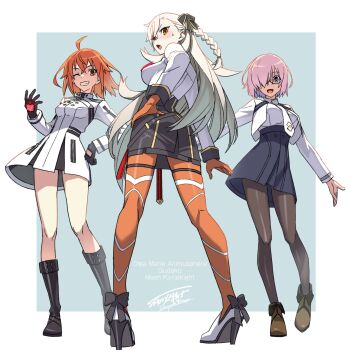  3girls ahoge ass asymmetrical_bangs black_gloves blush braid chaldea_uniform collared_shirt command_spell commentary_request decoponmagi dress fate/grand_order fate_(series) french_braided_twintails fujimaru_ritsuka_(female) fujimaru_ritsuka_(female)_(decisive_battle_chaldea_uniform) glasses gloves grin hair_between_eyes hair_over_one_eye hair_ribbon hand_on_own_hip high-waist_skirt highres jacket long_hair long_sleeves looking_at_viewer looking_back mash_kyrielight mash_kyrielight_(chaldea_uniform) medium_hair multiple_girls necktie novum_chaldea olga_marie_animusphere olga_marie_animusphere_(unbeast) one_eye_closed open_mouth orange_eyes orange_gloves orange_hair orange_pantyhose pantyhose pink_hair purple_eyes red_necktie ribbon shirt short_hair skirt smile standing sweat very_long_hair white_dress white_hair white_jacket white_necktie white_shirt 