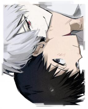  2boys absurdres black_hair blush border closed_mouth commentary_request grey_eyes highres hug hug_from_behind ikari_shinji k_and_s_53 light_smile looking_at_another male_focus multiple_boys nagisa_kaworu neon_genesis_evangelion red_eyes short_hair simple_background upside-down white_background white_border white_hair yaoi 