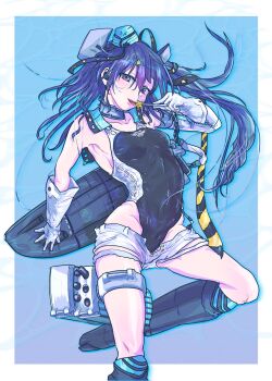  1girl aqua_hat ballet_boots black_one-piece_swimsuit blue_background blue_hair breasts candy commentary competition_swimsuit english_commentary feet_out_of_frame food garrison_cap gloves hair_ornament hat headgear highleg highleg_one-piece_swimsuit highres kantai_collection lollipop long_hair machinery one-piece_swimsuit purple_eyes scamp_(kancolle) shorts side_ponytail small_breasts solo star_(symbol) star_hair_ornament swimsuit thrux two-tone_one-piece_swimsuit white_gloves white_shorts 