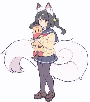  1girl animal animal_ear_fluff animal_ears black_hair black_pantyhose blue_sailor_collar blue_skirt blunt_bangs blush brown_shoes closed_mouth fox fox_ears fox_girl fox_tail full_body holding holding_animal long_hair long_sleeves looking_at_viewer neckerchief original pantyhose pleated_skirt red_neckerchief sailor_collar school_uniform serafuku shoes sidelocks simple_background skirt solo standing suzuno_(suzuno3110) sweater tail thick_eyebrows twintails white_background yellow_eyes yellow_sweater 