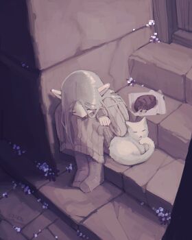  1girl artist_name bread cat closed_eyes commentary doorway dress drooling elf english_commentary flower food highres kurohanenone original outdoors pointy_ears sleeping socks stairs stone_floor stone_stairs stone_wall sweater sweater_dress white_cat white_hair 