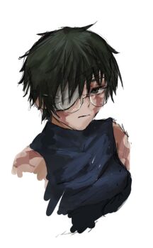  1girl bandage_over_one_eye bandages black_eyes black_hair black_shirt breasts commentary expressionless facial_scar glasses highres jujutsu_kaisen large_breasts looking_at_viewer portrait round_eyewear scar scar_on_cheek scar_on_face scar_on_shoulder shirt short_hair sleeveless sleeveless_shirt solo taorotana zen'in_maki zen'in_maki_(post_shibuya) 